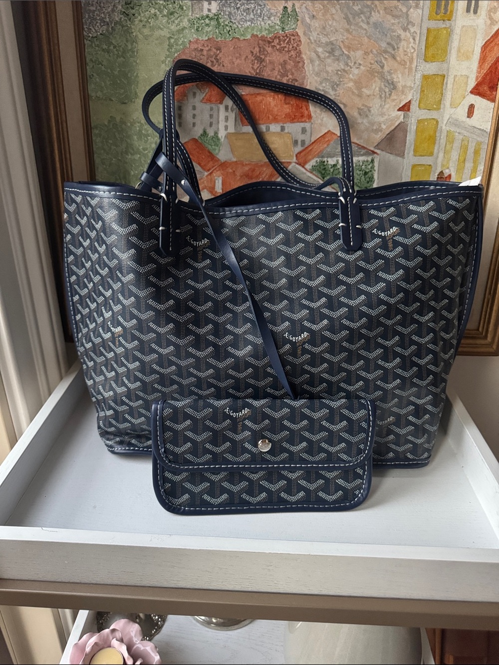 Navy Patterned Tote with Double Top Handles - Picture 2 of 8
